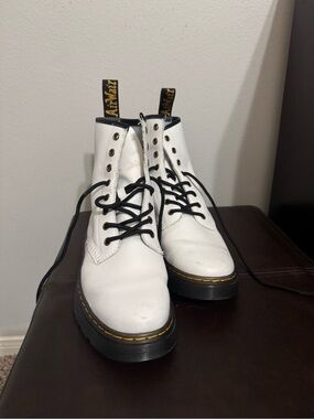 Dr. Martens White Leather 8-Eye Lace-Up Boots with Black Accents